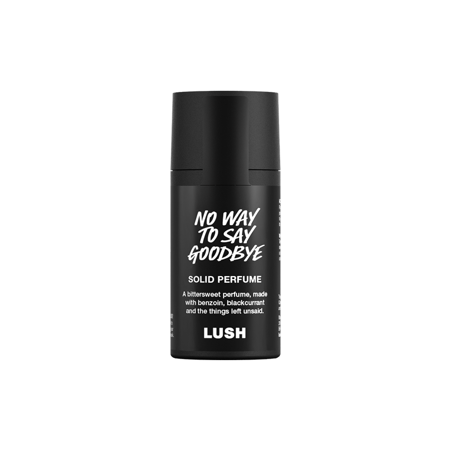 No Way To Say Goodbye. A short, cylindrical black push-up tube of the No Way To Say Goodbye solid perfume with a black label on the front covering the cap, with the product name and scent printed on it.