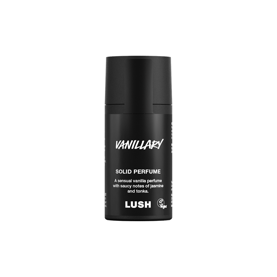 Vanillary. A short, cylindrical black push-up tube of the Vanillary solid perfume with a black label on the front covering the cap, with the product name and scent printed on it.